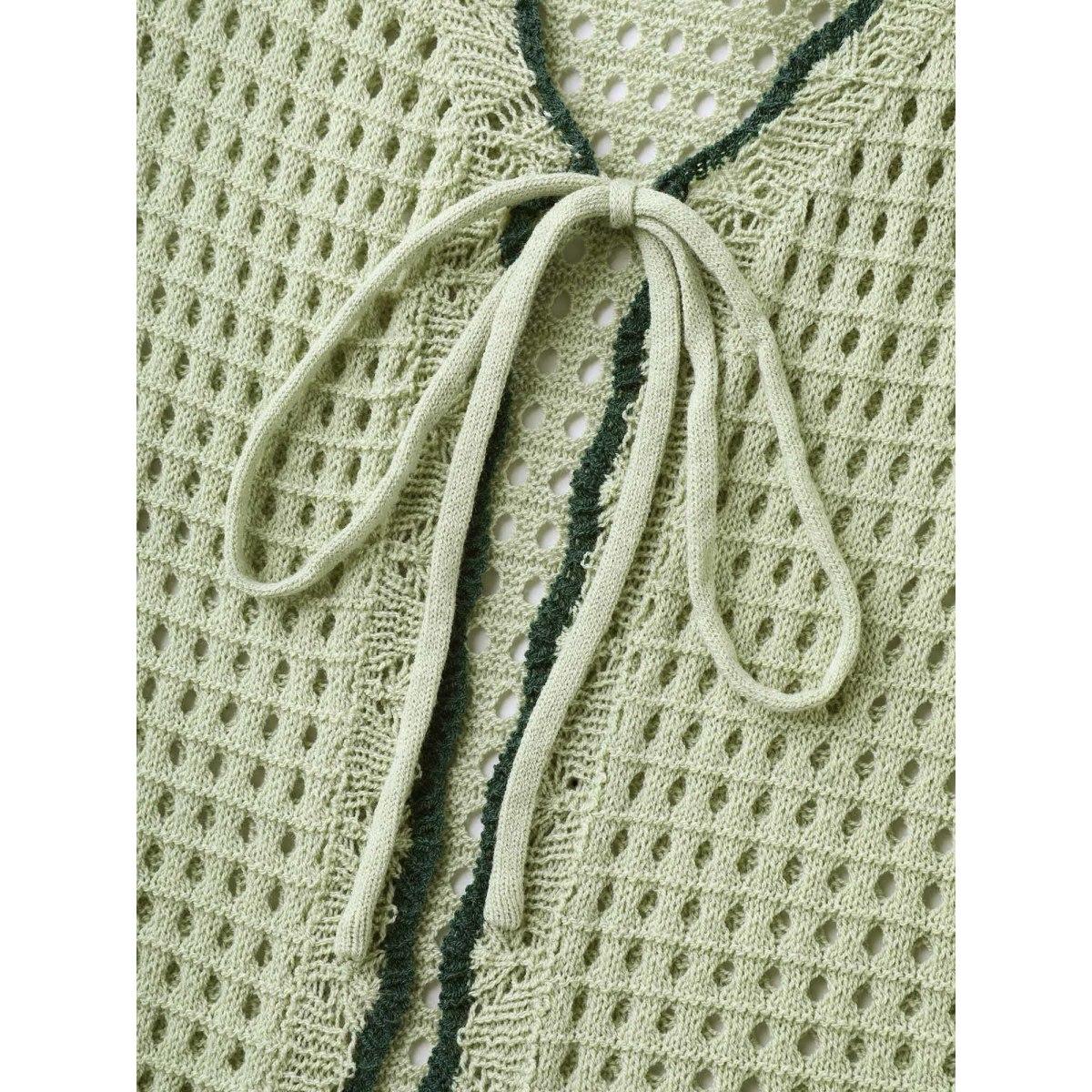 Plus Size Contrast Hem Front Mid Tie Knit Cardigan LightGreen Women Casual Loose Long Sleeve Everyday-Casual Cardigans BloomChic 22-24/3X Product Image