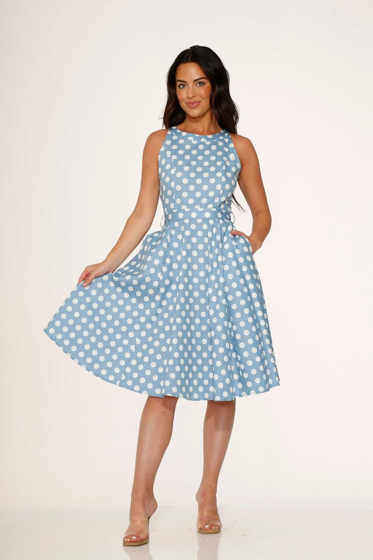 Light Blue & White Polka Dot Swing Dress Product Image