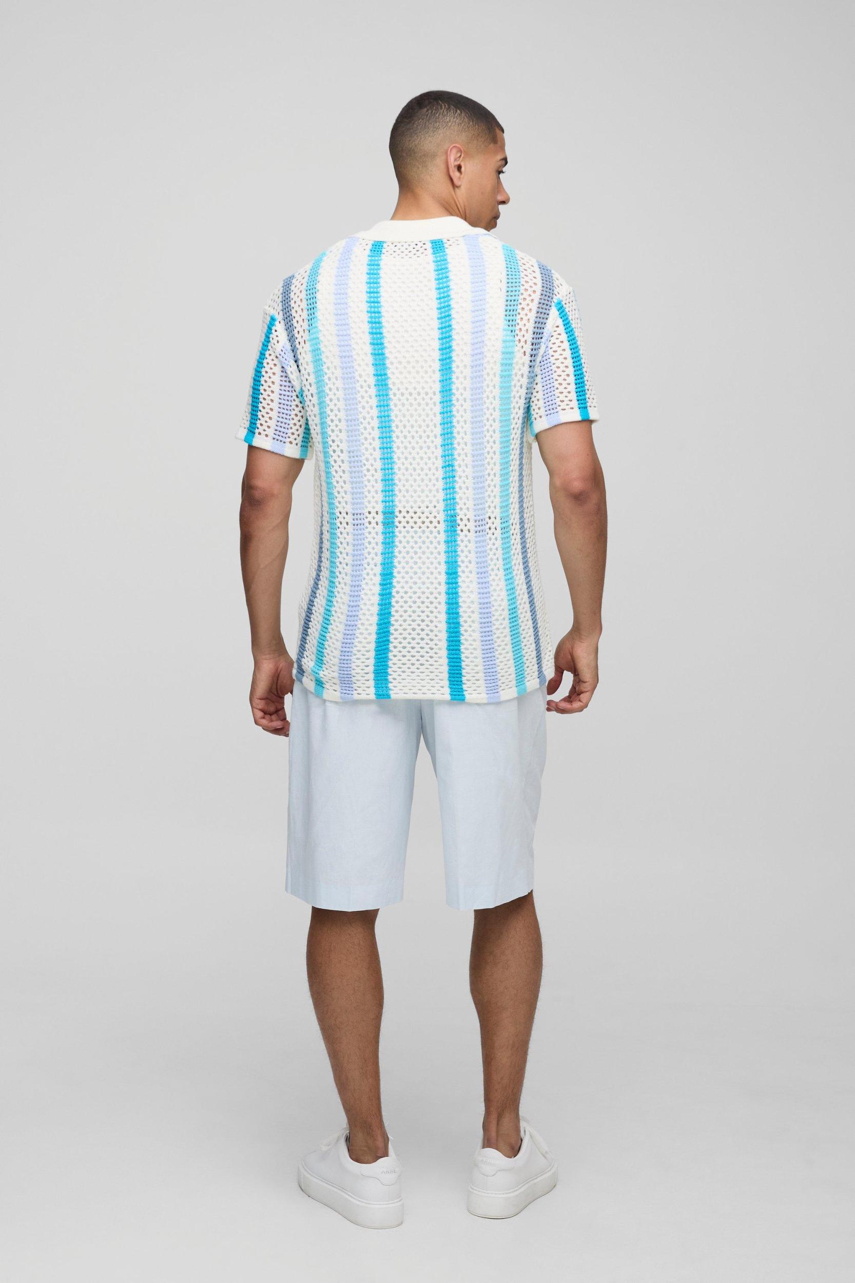 Relaxed Open Stitch Stripe Knitted Shirt | boohooMAN USA Product Image