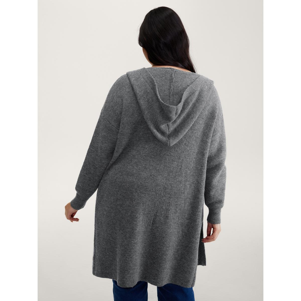 Plus Size Hooded Button Slit Pockets Knit Cardigan DarkGray Women Leisure Loose Long Sleeve Casual Cardigans BloomChic 12/L Product Image