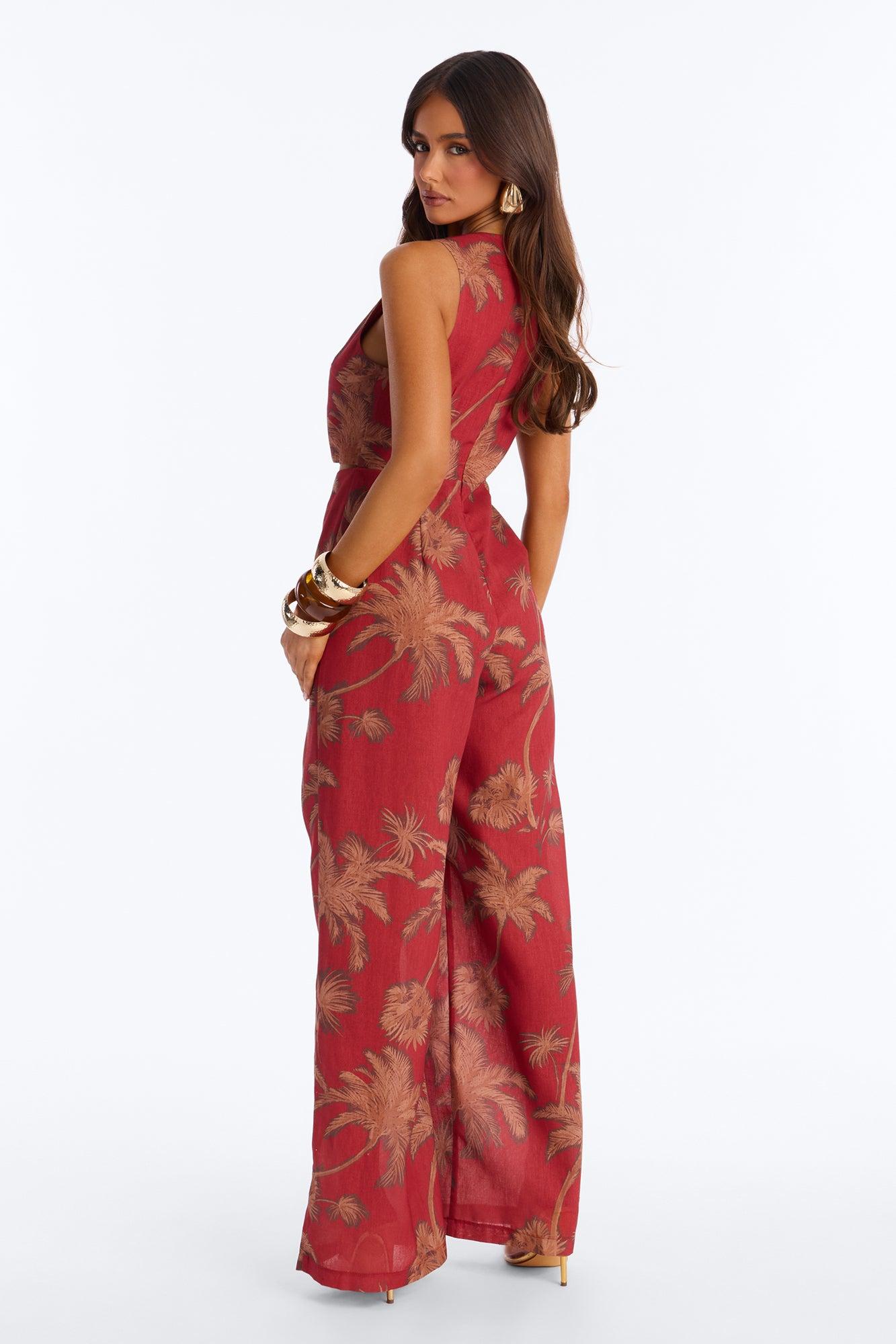Off To Sunset Linen Jumpsuit - Rust Female Product Image