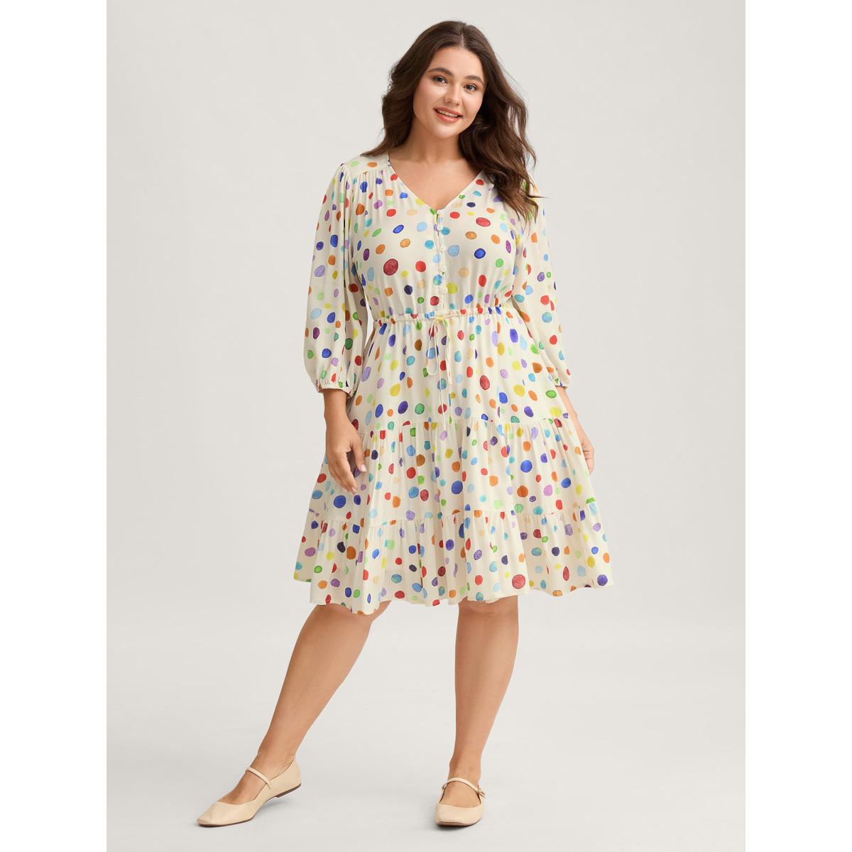 Plus Size Colorful Polka Dots Waist Drawstring Midi Dress Beige Women V-neck Elbow-length sleeve Curvy BloomChic 14-16/1X Product Image