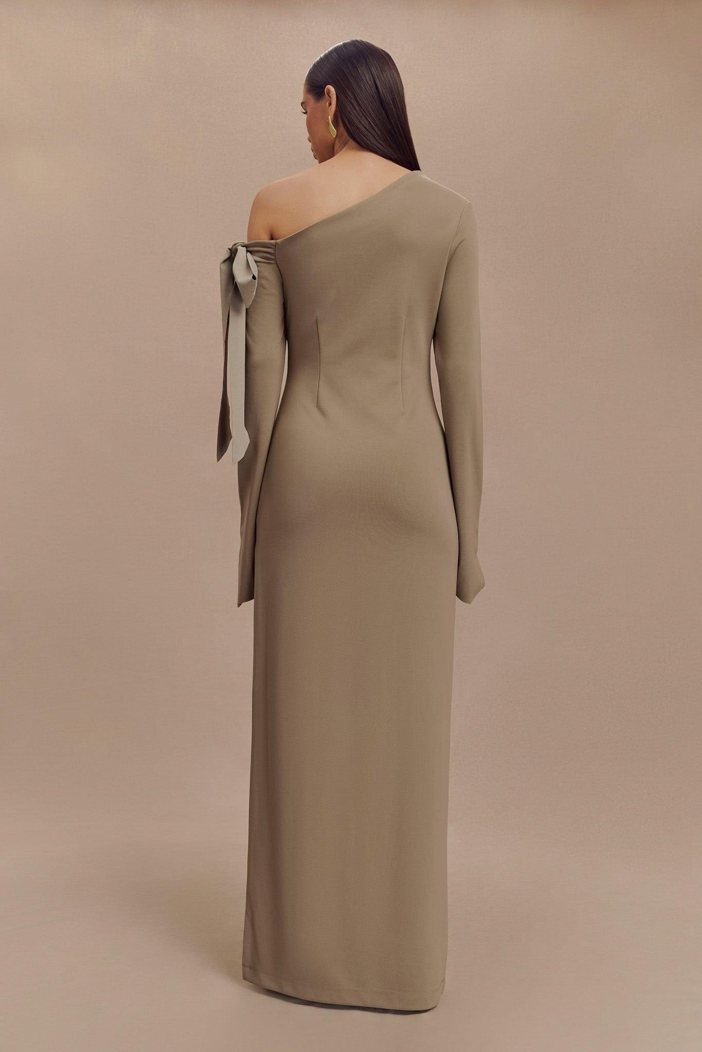 Nicola One Shoulder Crepe Maxi Dress - Mushroom Product Image