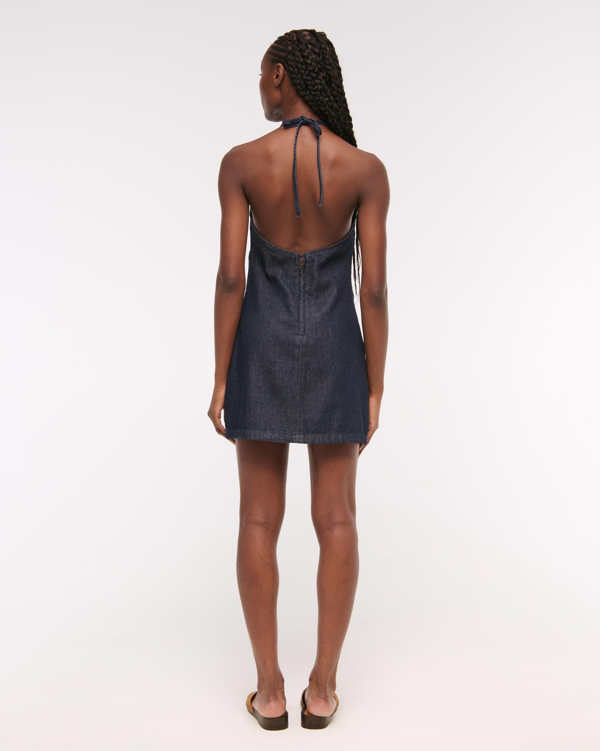 Open-Back Halter Denim Mini Dress Product Image