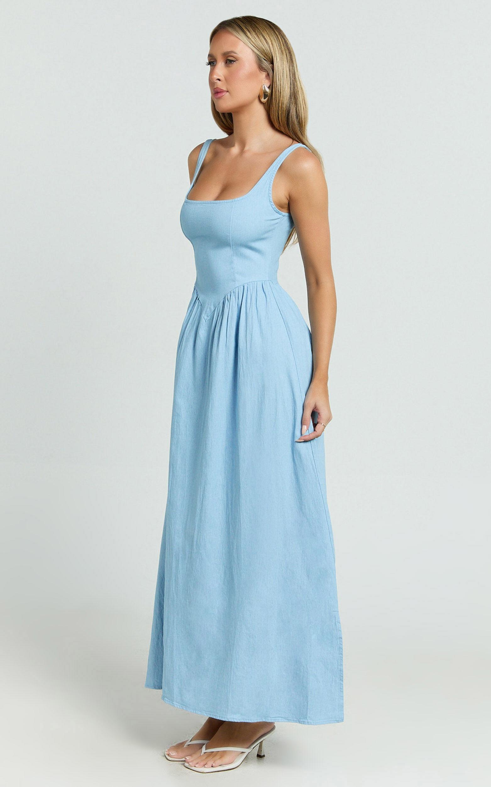 Rhaziya Midi Dress - Sleeveless Straight Neck Fit and Flare Dress in Blue Product Image