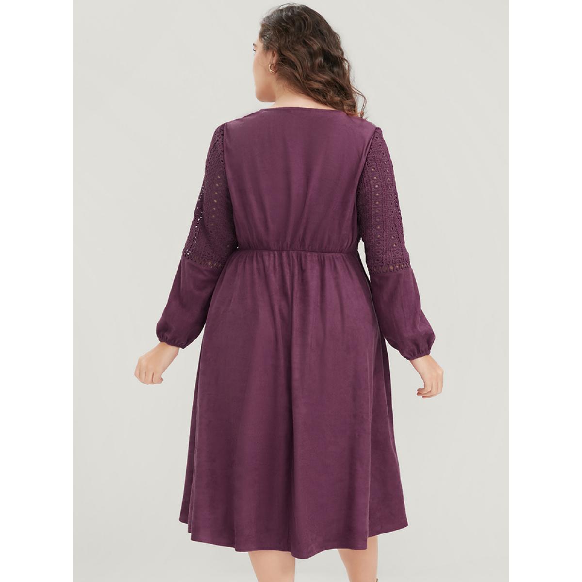 Plus Size Solid Lantern Sleeve Pocket Crochet Lace Dress Burgundy Women Elegant Patchwork V-neck Long Sleeve Curvy Midi Dress BloomChic 26/4X Product Image
