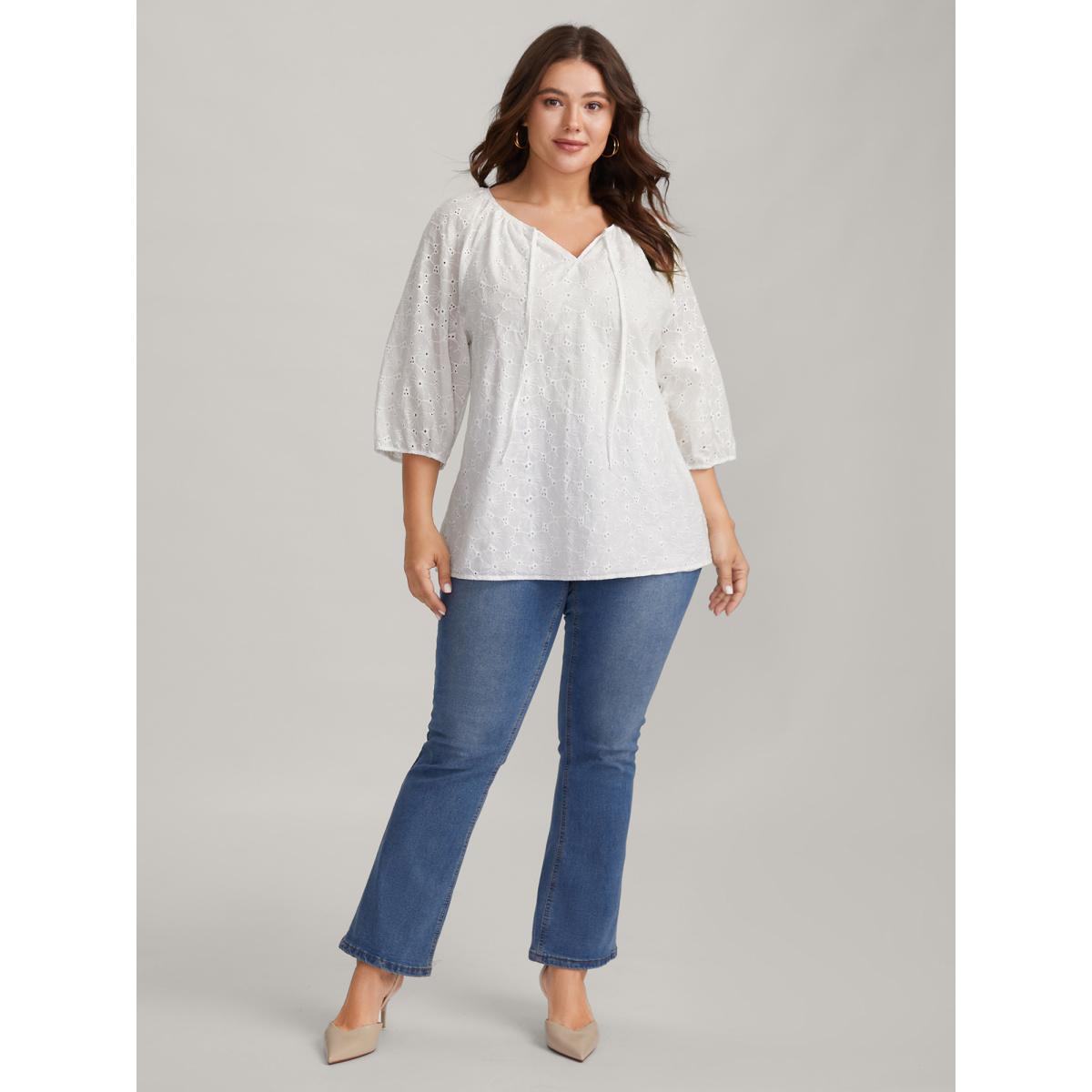 Plus Size WhiteSmoke Pure Cotton Eyelet Texture Blouse Women Timeless Elbow-length sleeve Notched collar Elegant Blouses BloomChic 18-20/2X Product Image