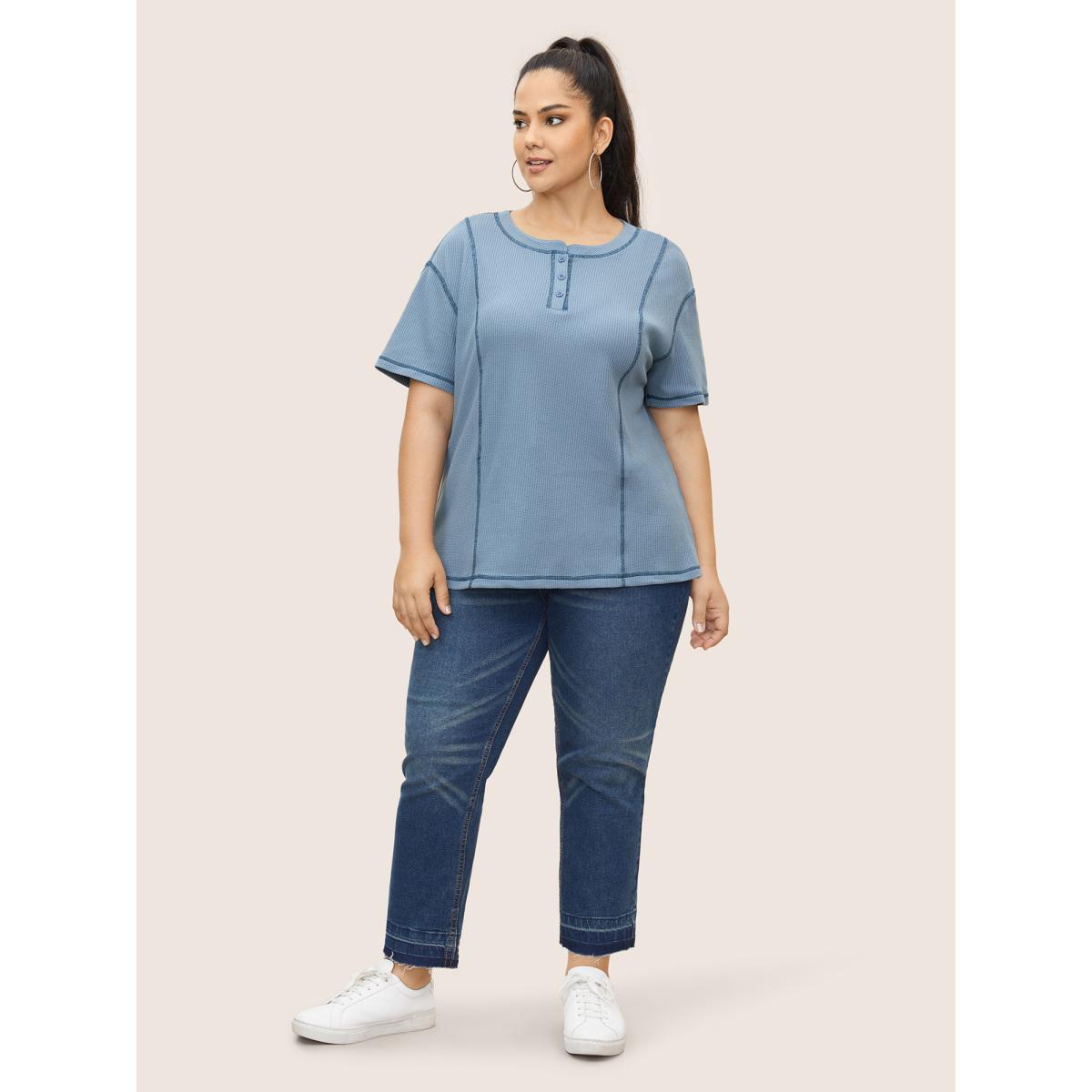 Plus Size Waffle Knit Round Neck Button Up T-shirt Stone Women Casual Button Round Neck Everyday T-shirts BloomChic 28/5X Product Image