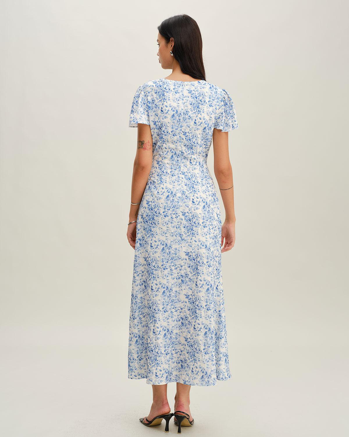 Blue Floral V Neck Button Maxi Dress Product Image