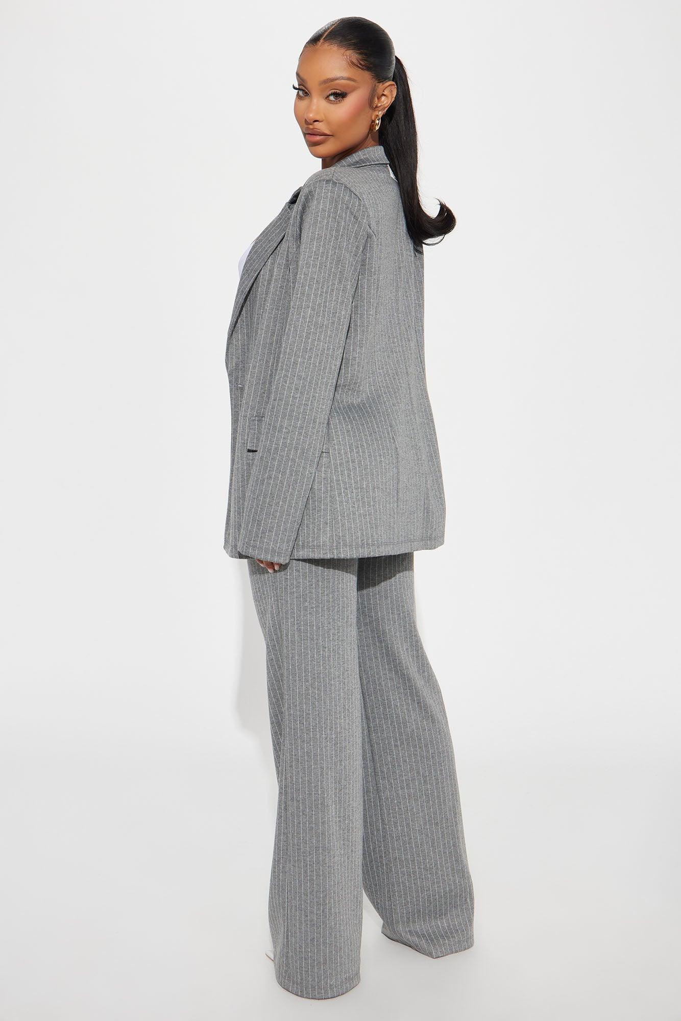 Work Wife Pinstripe Pant Set - Grey/White Product Image
