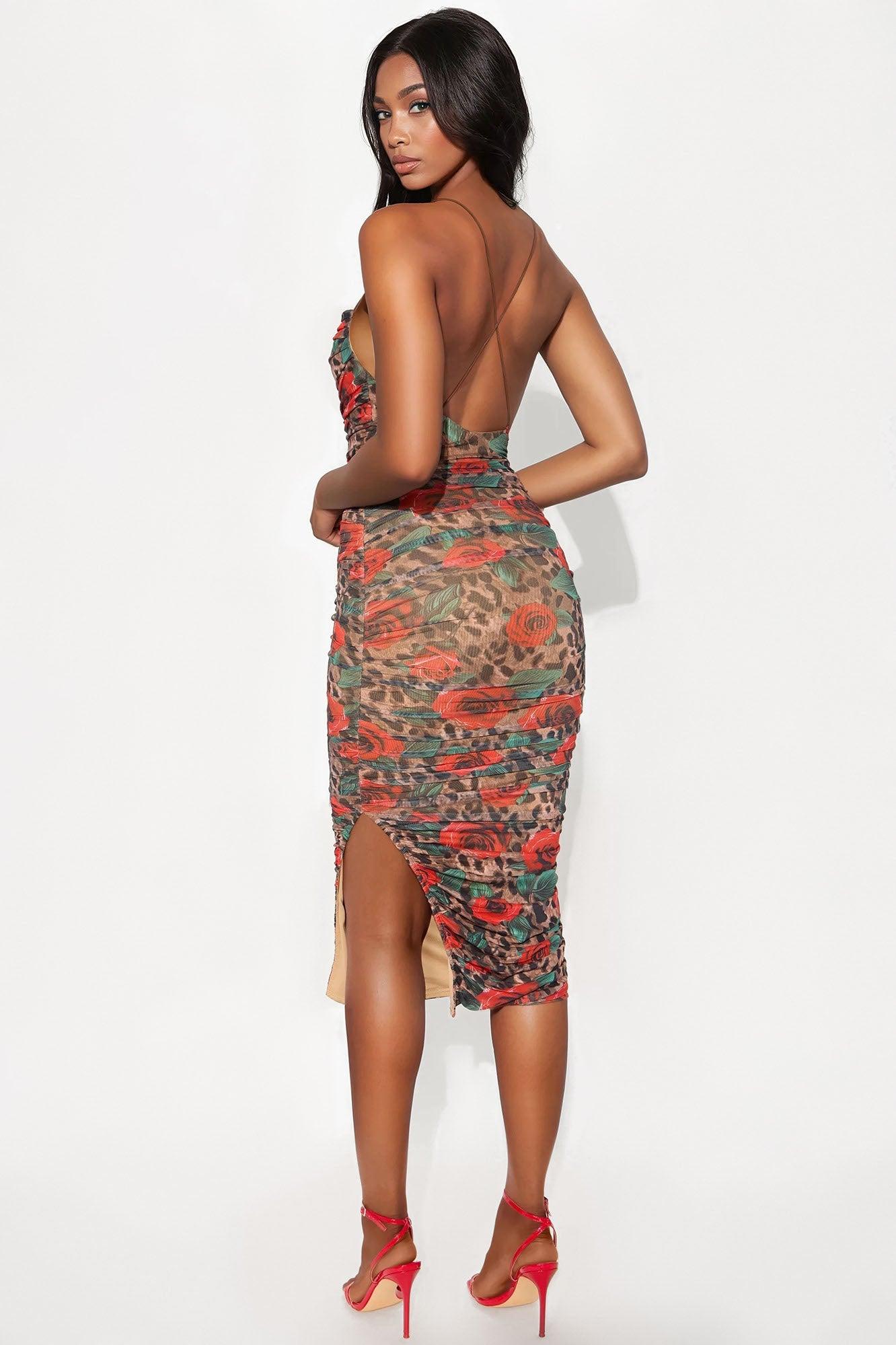 Roaring Roses Leopard Print Mesh Midi Dress - Leopard Female Product Image