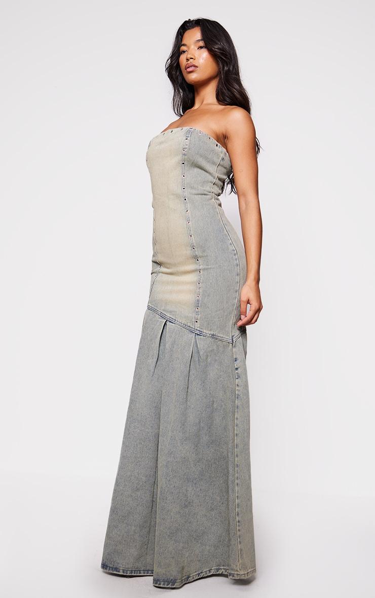 Vintage Wash Green Tint Studded Seam Detail Frill Hem Denim Maxi Dress Product Image