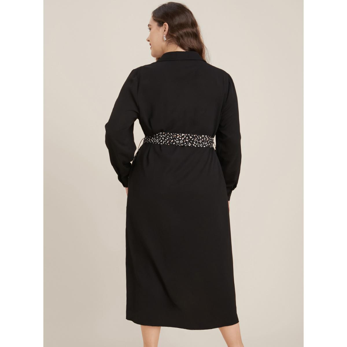 Plus Size Leopard Patchwork Pocket Button Up Belted Split Dress Black Women Office Patchwork Shirt collar Long Sleeve Curvy Midi Dress BloomChic 28/5X Product Image
