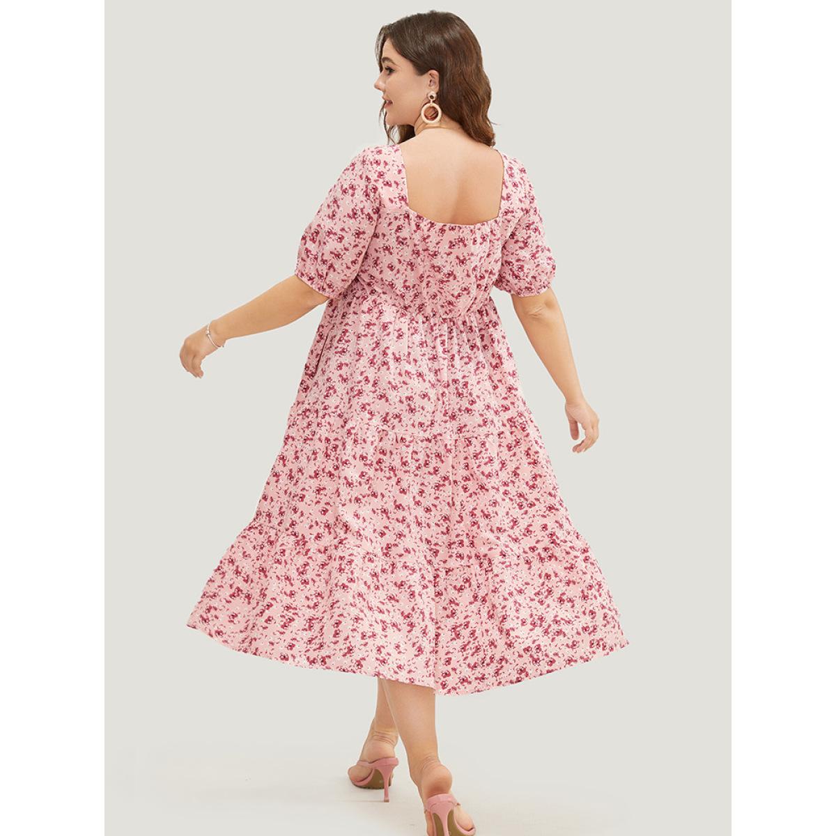 Plus Size Ditsy Floral Ruffle Tiered Pocket Ruched Puff Sleeve Drawstring Dress Watermelon Women Elegant Non Square Neck Short sleeve Curvy BloomChic 22-24/3X Product Image