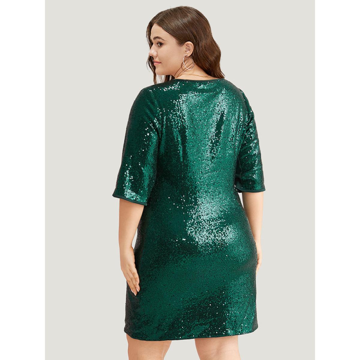 Plus Size Sequin Twist Front V Neck Dress DarkGreen Women Party Plain V-neck Short sleeve Curvy Knee Dress BloomChic 18-20/2X Product Image