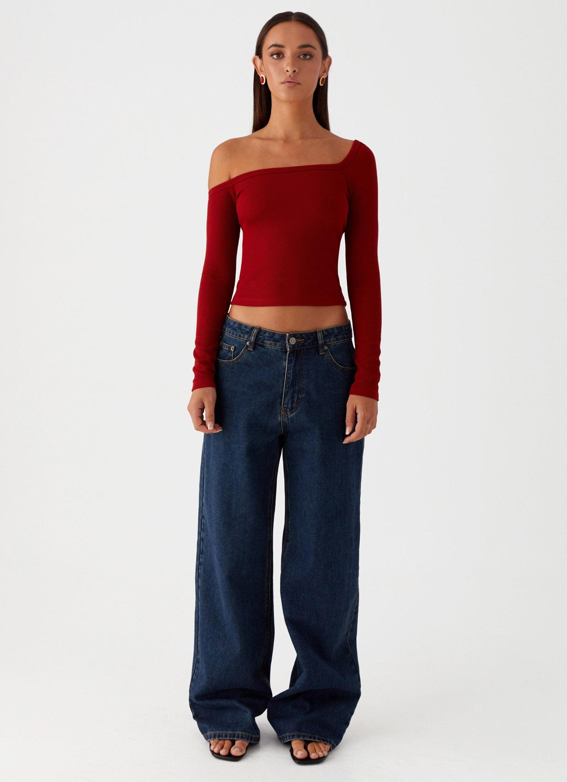 Talia Asymmetric Long Sleeve Top - Red Product Image