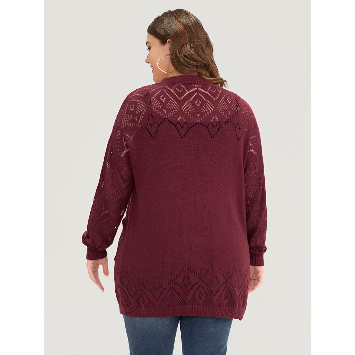 Plus Size Plain Patched Pocket Curved Hem Cardigan Burgundy Women Casual Long Sleeve Dailywear Cardigans BloomChic 28/5X Product Image