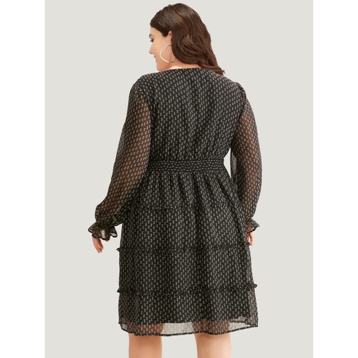 Plus Size Geometric Shirred Mesh Frill Trim Dress BlackFlower Women At the Office See through V-neck Long Sleeve Curvy Midi Dress BloomChic 18-20/2X Product Image