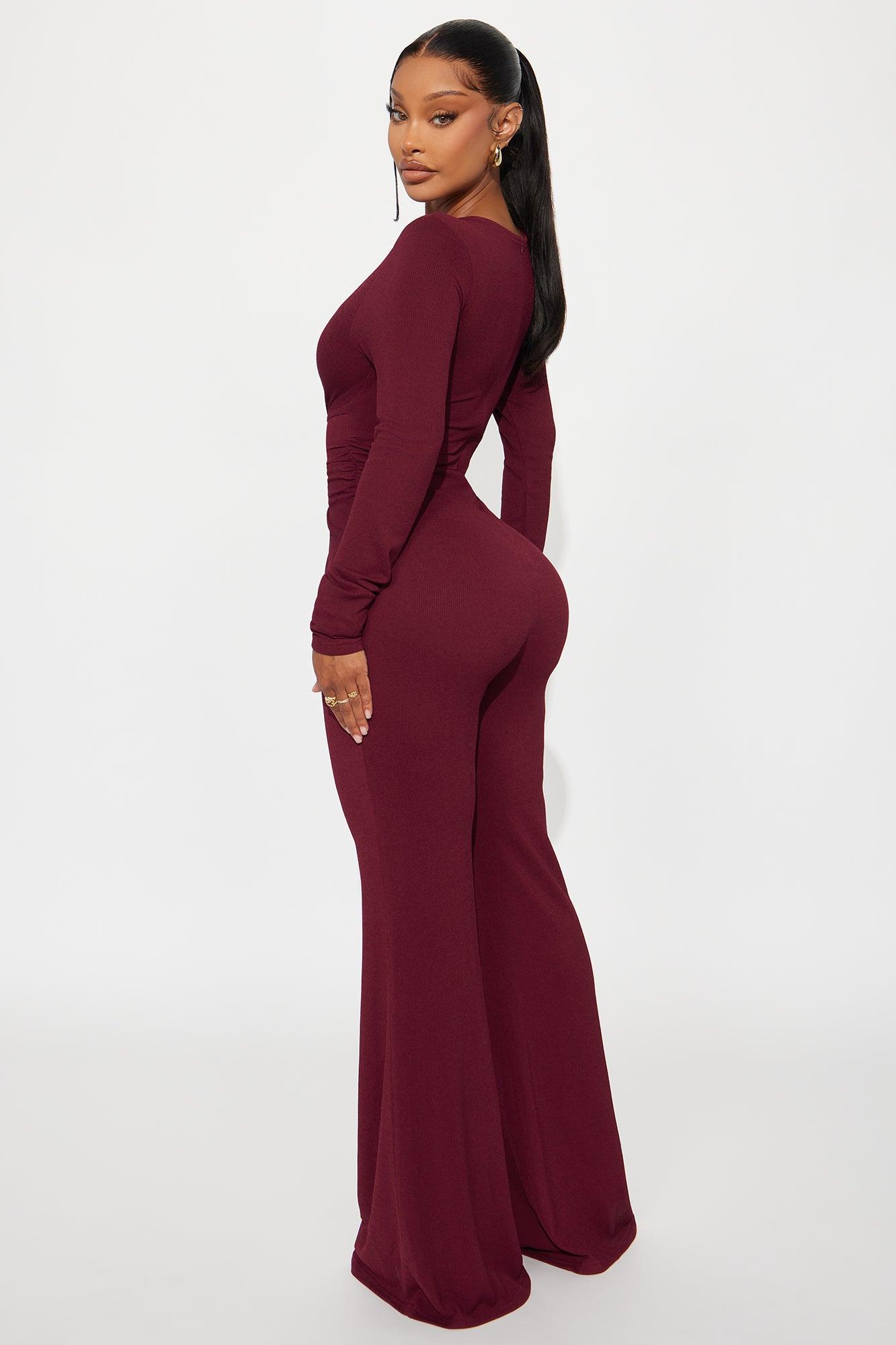 Veronica Wide Leg Ribbed Jumpsuit - Wine Female Product Image