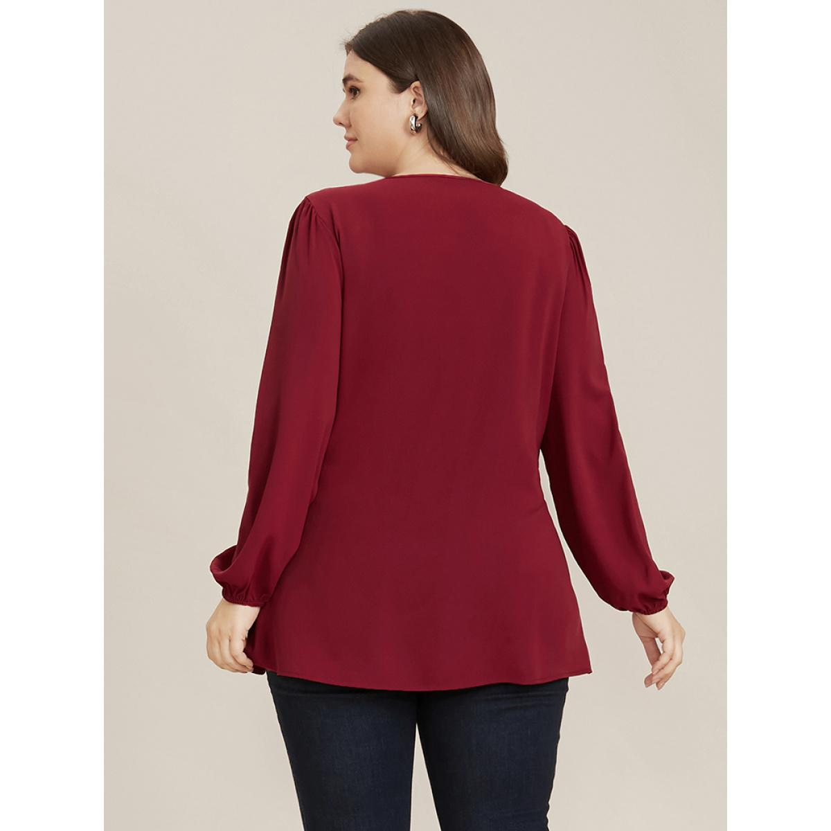 Plus Size Burgundy Solid V Neck Lantern Sleeve Knotted Front Blouse Women Elegant Long Sleeve V-neck Dailywear Blouses BloomChic 30/6X Product Image