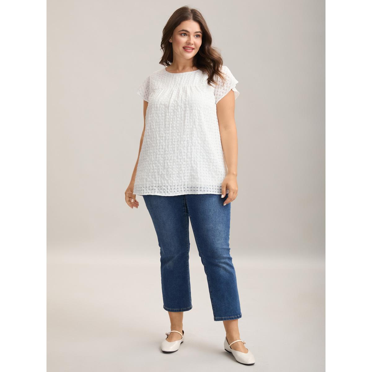 Plus Size WhiteSmoke Textured Sheer Lined Flutter Sleeve Blouse Women Leisure Cap Sleeve Round Neck Casual Blouses BloomChic 10/M Product Image