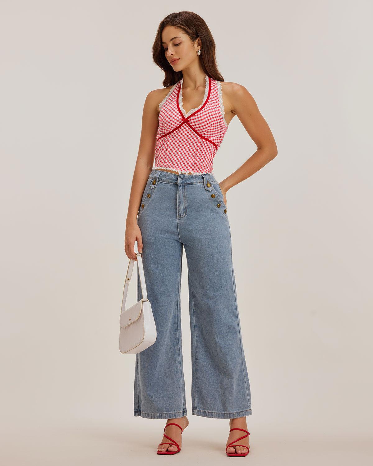 Red Plaid Halter Tank Top Product Image