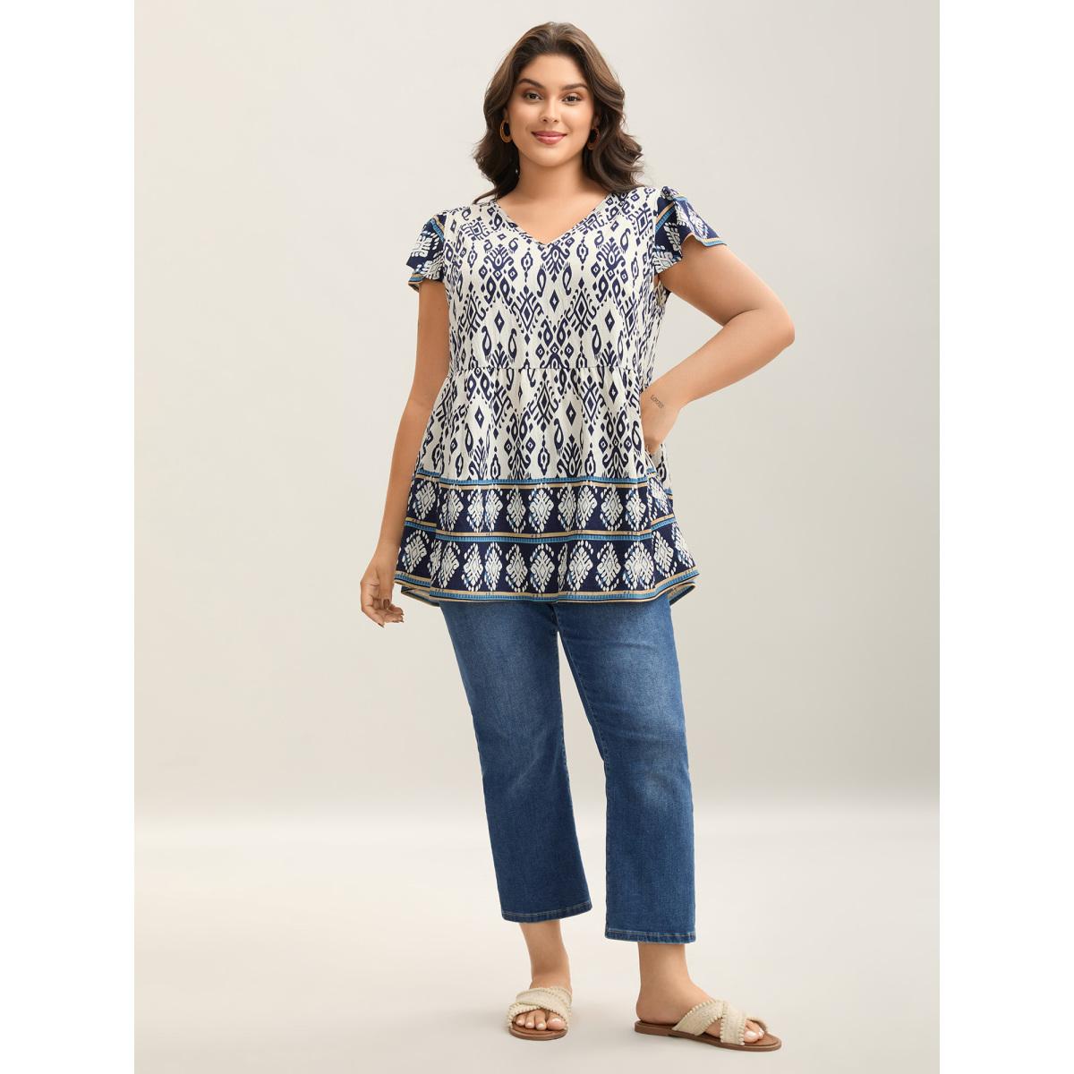 Plus Size Indigo Boho Print High-Low Hem Shirt Women Boho Cap Sleeve V-neck Vacation Blouses BloomChic 26/4X Product Image