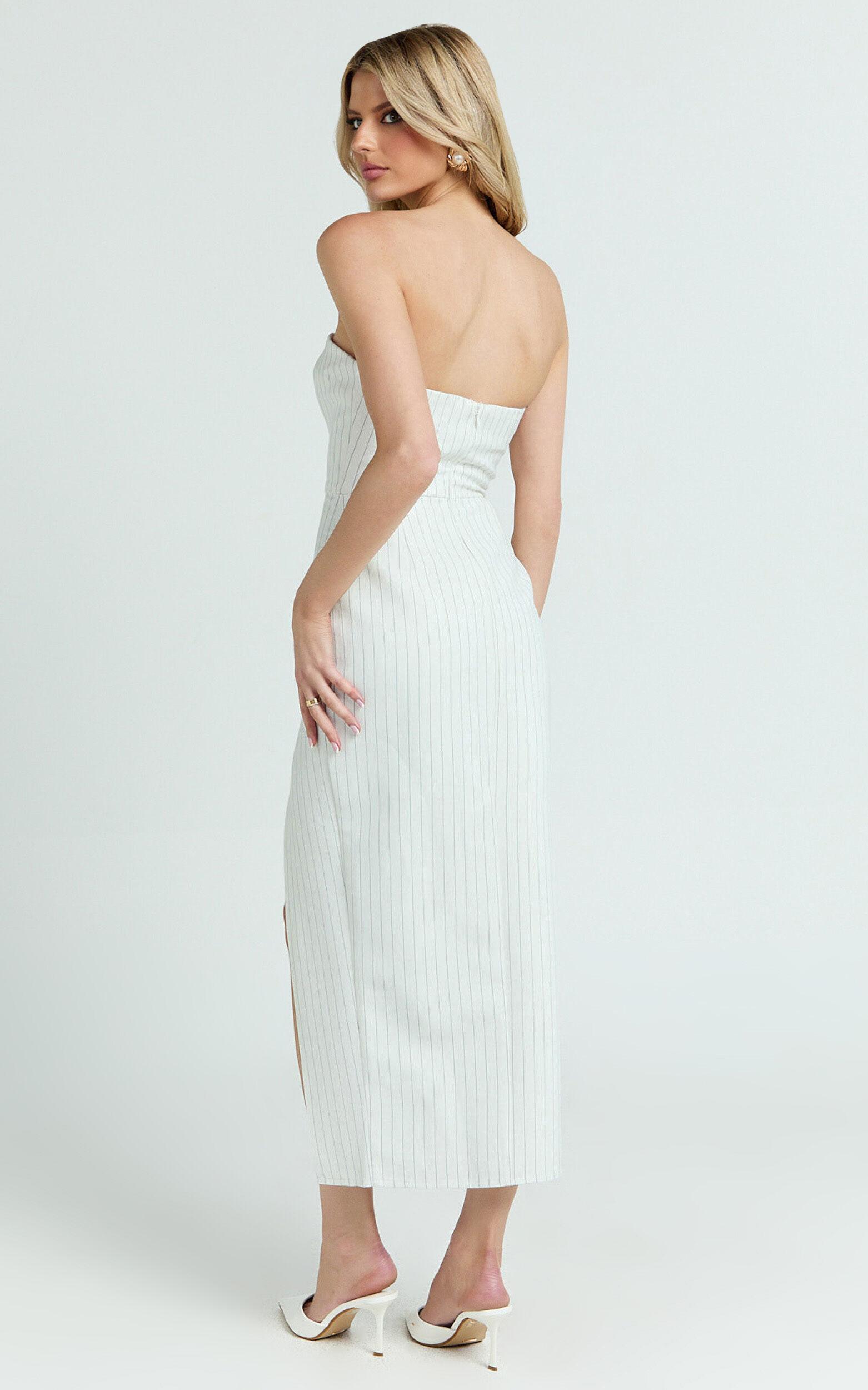 Wendy Midi Dress - Strapless Sweetheart Neckline Fitted Side Split Dress in White/Black Product Image