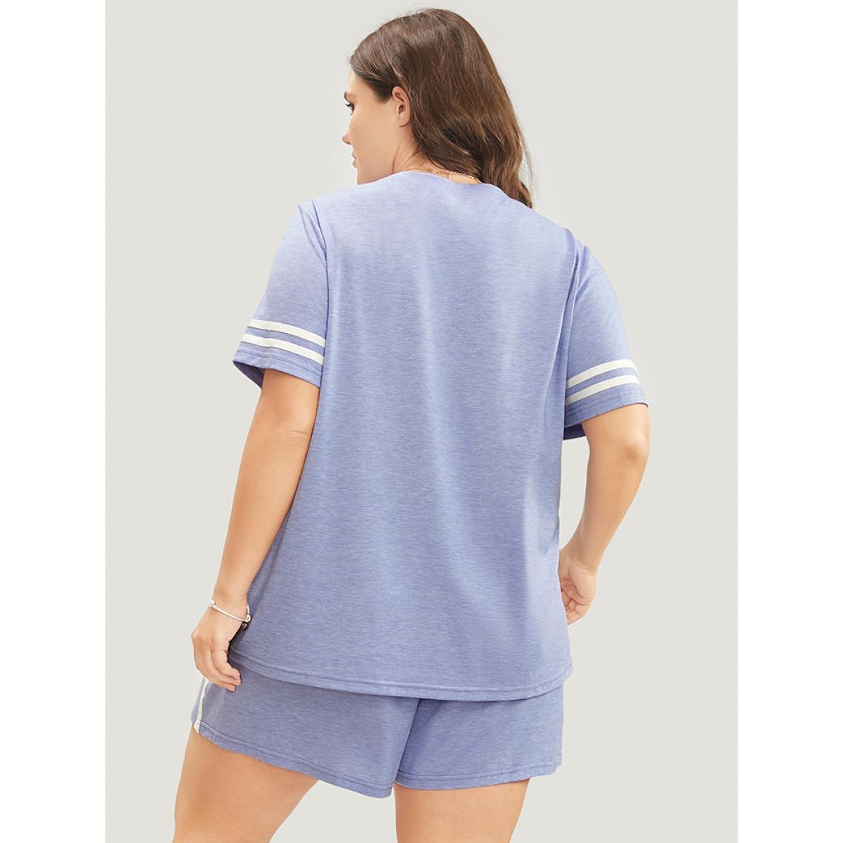 Plus Size Floral & Letter Print Contrast Round Neck Sleep Top Women LightBlue Casual Floral Contrast Round Neck Loungewear BloomChic 28/5X Product Image