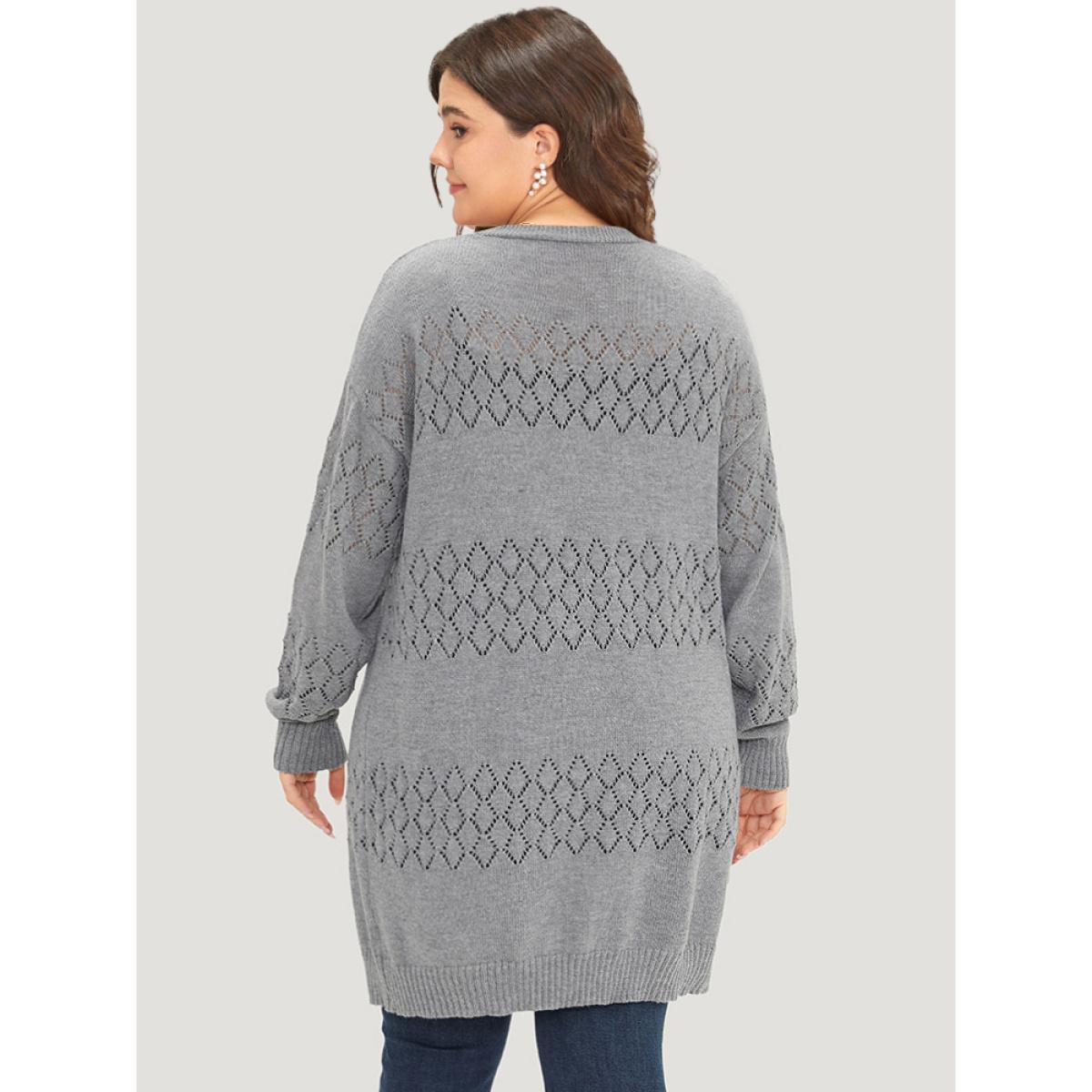 Plus Size Geometric Eyelet Elastic Cuffs Tunic Cardigan DarkGray Women Casual Loose Long Sleeve Dailywear Cardigans BloomChic 26/4X Product Image