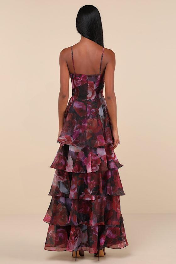 Stylish Decision Black and Magenta Floral Ruffled Maxi Dress Product Image