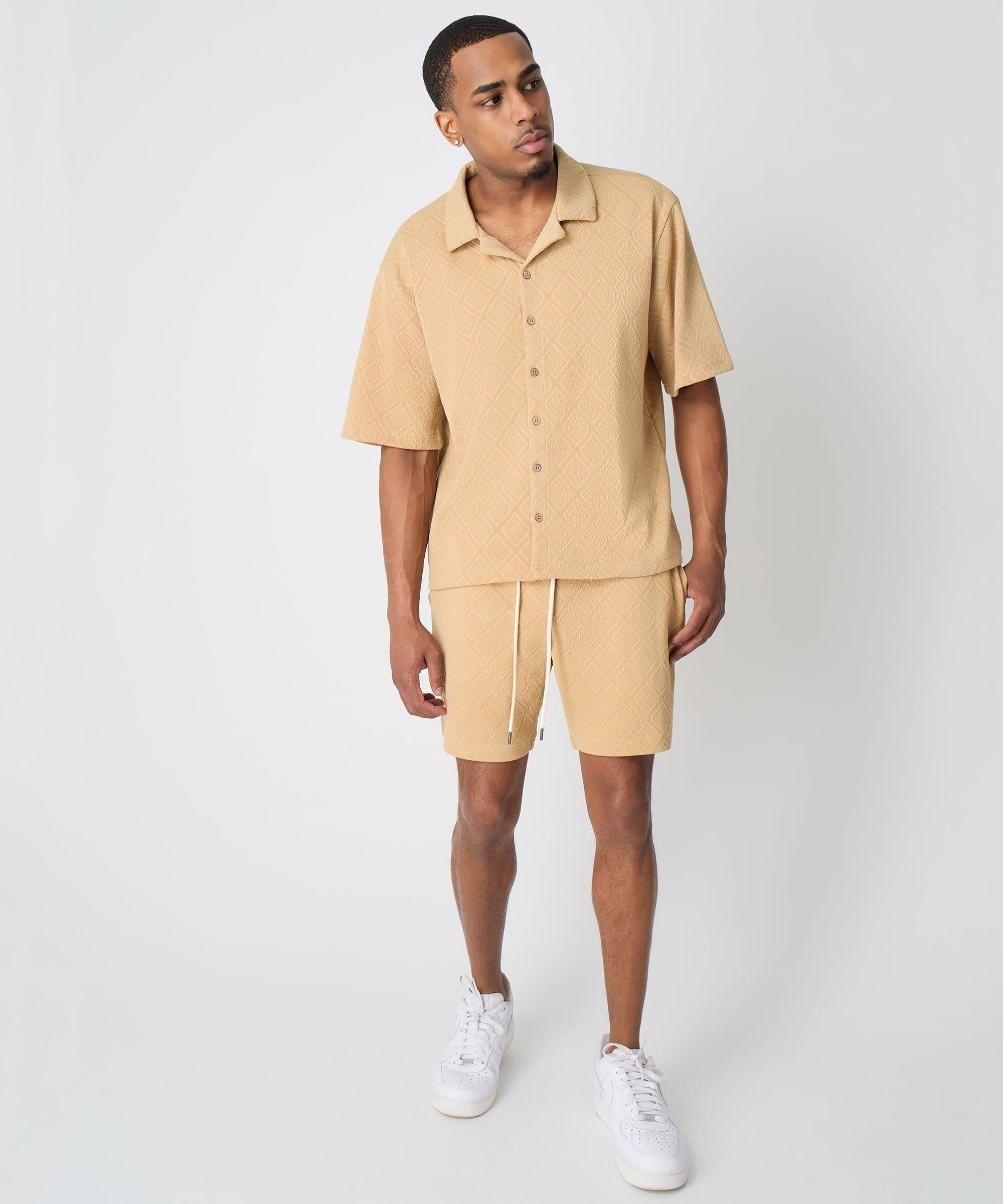 Textured Knit Short Sleeve Button Down Shirt - Taupe Product Image