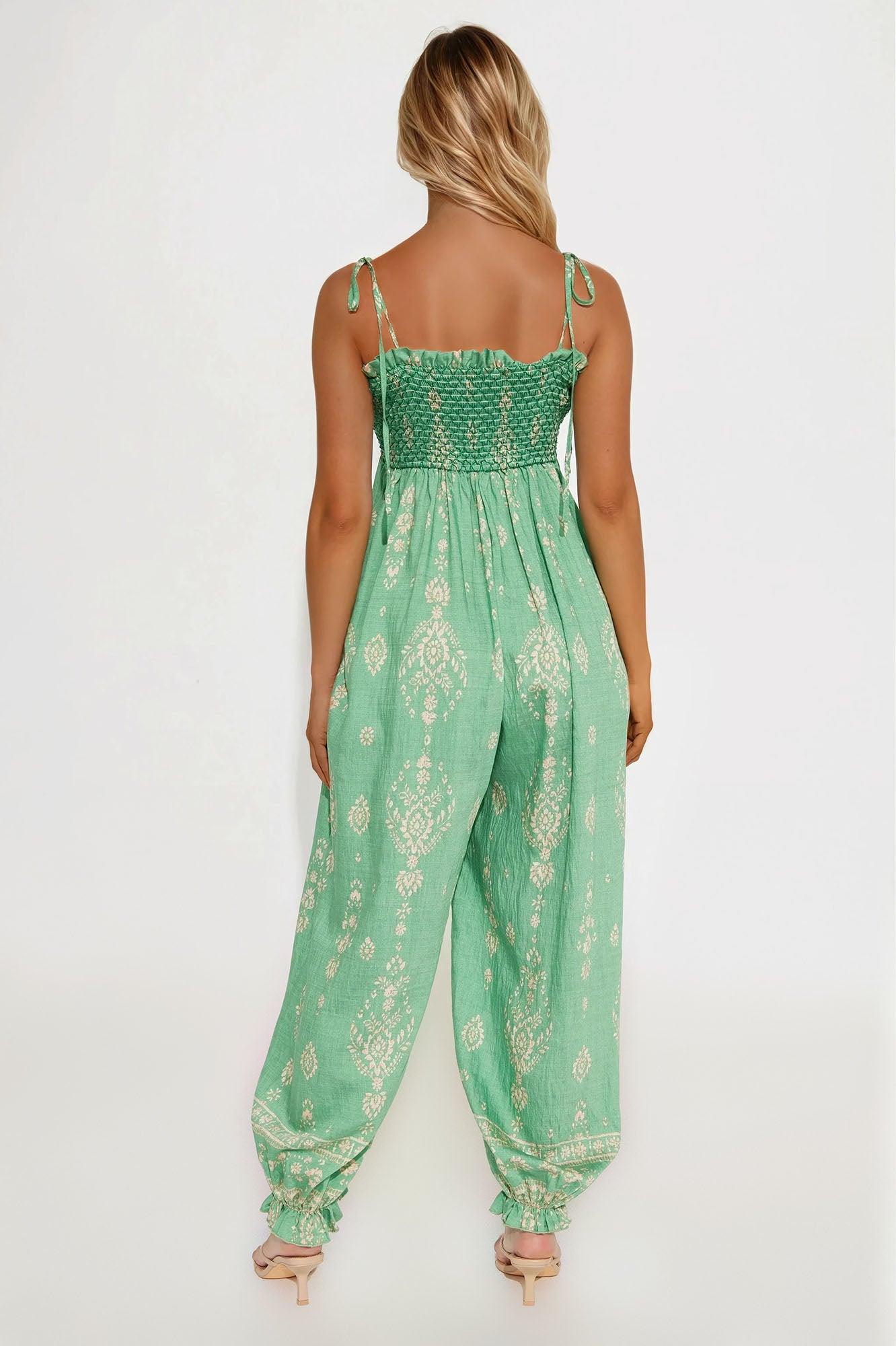Arabella Linen Jogger Leg Jumpsuit - Green/combo Female Product Image