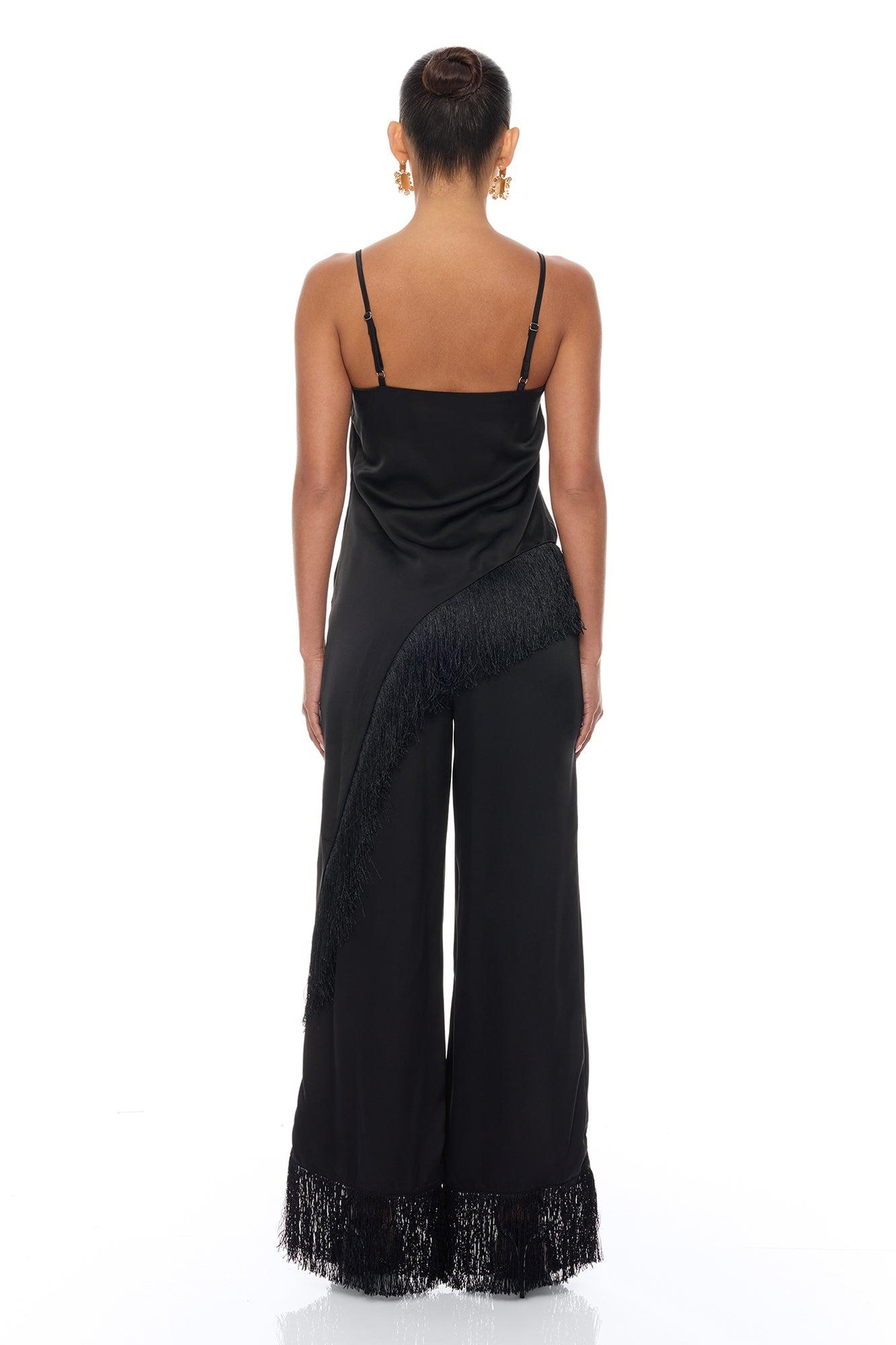 Natural Drama Fringe Satin Pant Set - Black Female Product Image