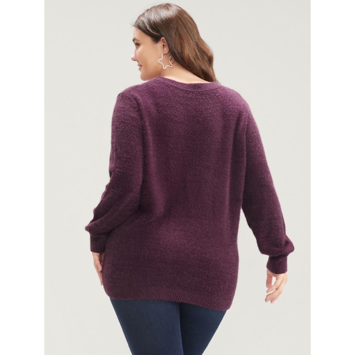 Plus Size Solid Soft Sexy Yarn Knit Twist Front Fluffy Knit Top Burgundy Women Elegant Loose Long Sleeve Round Neck Dailywear Pullovers BloomChic 22-24/3X Product Image