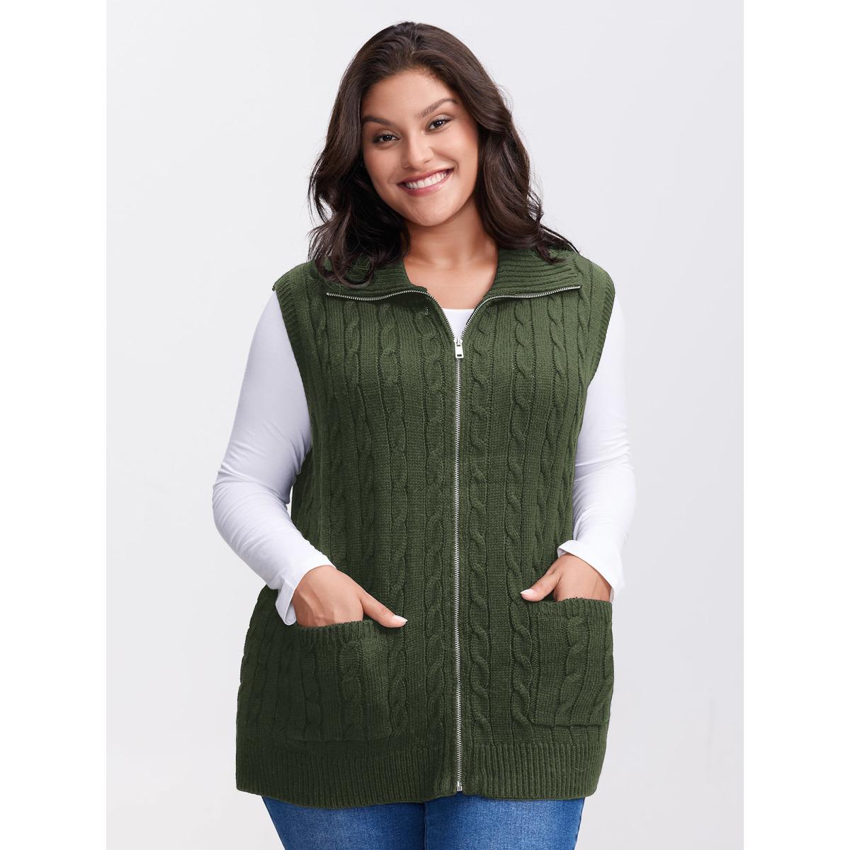 Plus Size Cable Zipper Sleeveless Knit Cardigan ArmyGreen Women Leisure Loose Sleeveless Casual Cardigans BloomChic 14-16/1X Product Image