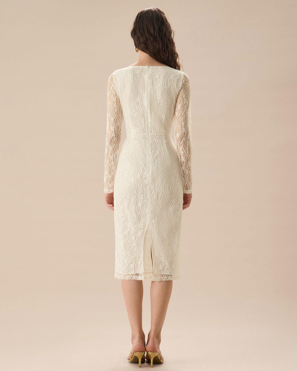 Apricot Lace Boat Neck Long Sleeve Midi Dress Product Image