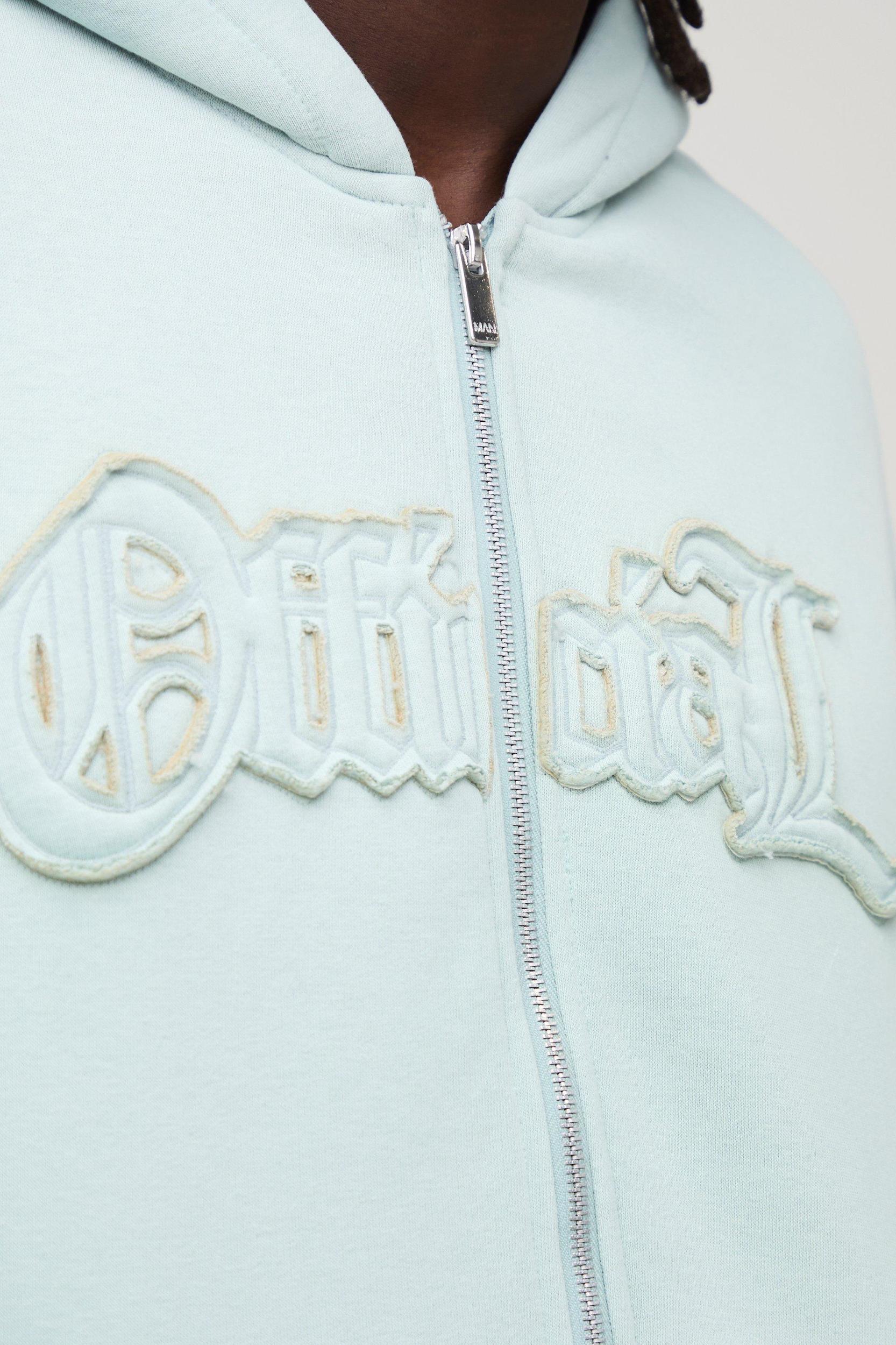 Oversized Boxy Official Raw Edge Applique Zip Through Hoodie | boohooMAN USA Product Image