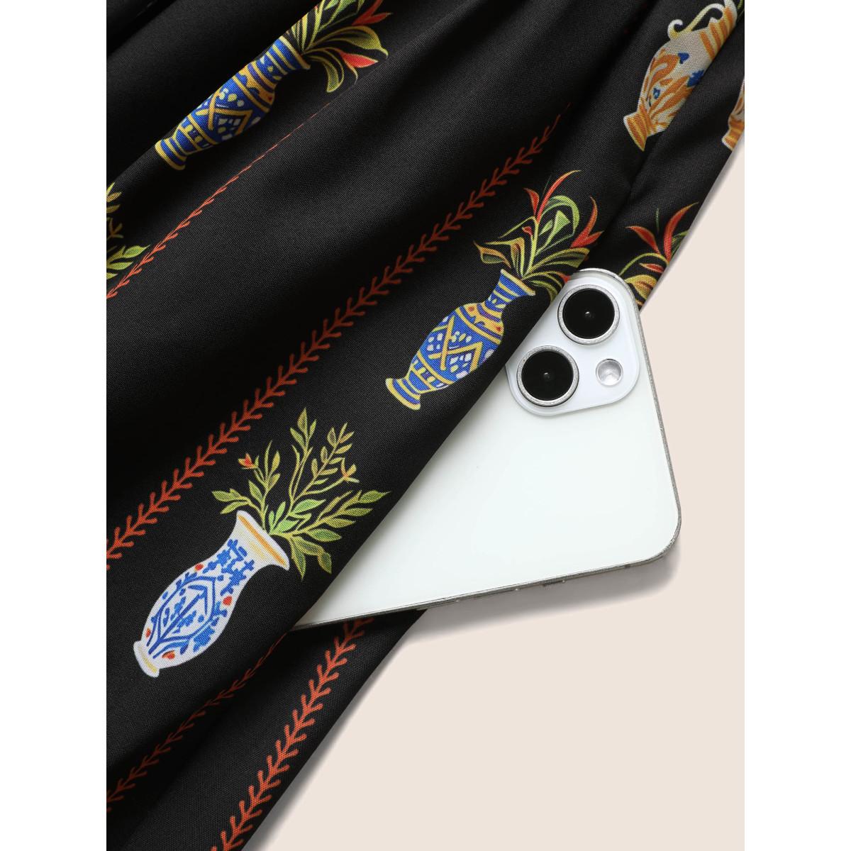 Plus Size Boho Print Off Shoulder Woven Ribbon Dress Black Women Elegant Woven ribbon&lace trim One-shoulder neck Short sleeve Curvy BloomChic 12/L Product Image