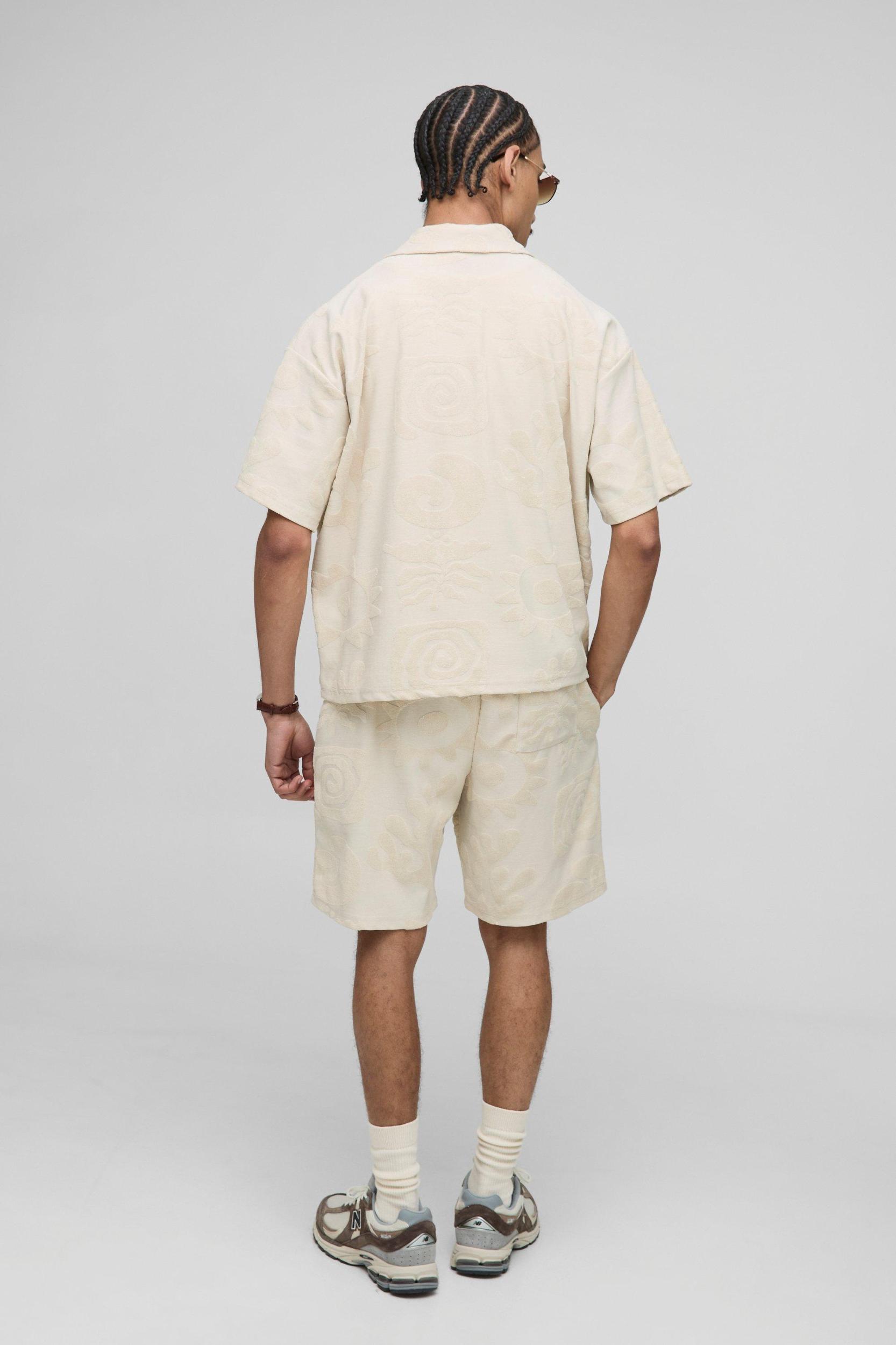 Oversized Boxy Jacquard Towelling Polo & Short Set | boohooMAN USA Product Image