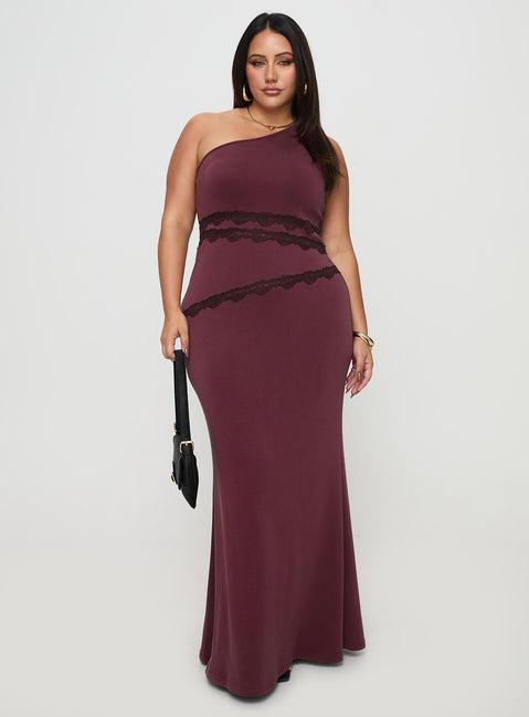 Ultraviolet One Shoulder Lace Maxi Dress Wine Curve Product Image
