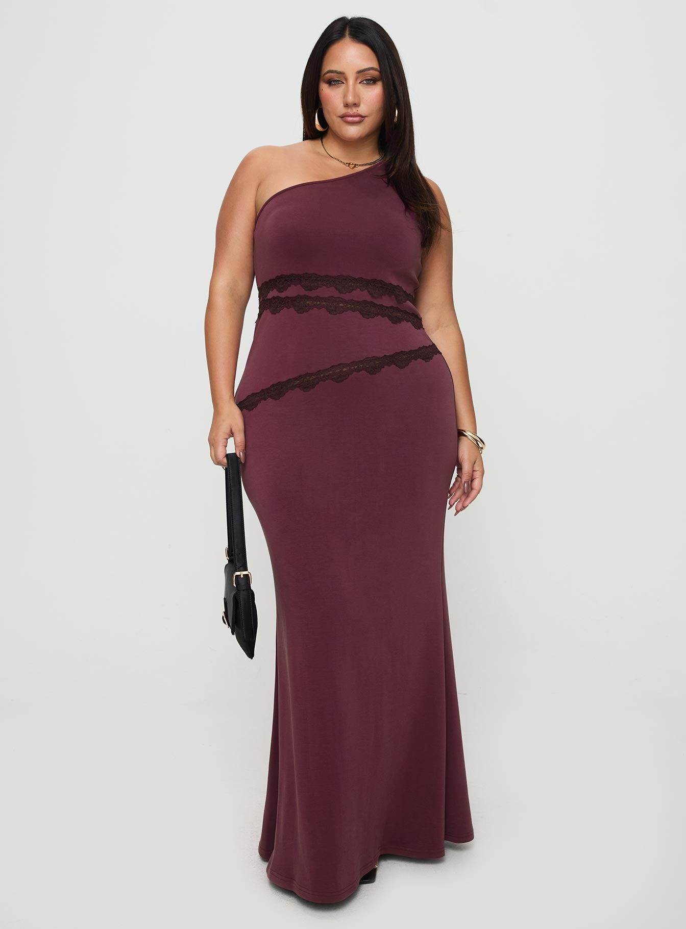 Ultraviolet One Shoulder Lace Maxi Dress Wine Curve Product Image