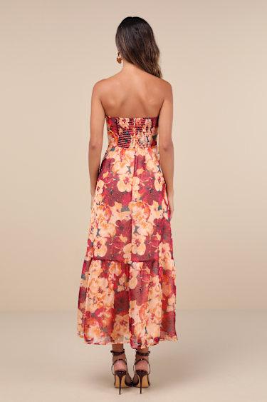 Bright Perspective Plum and Orange Floral Strapless Midi Dress Product Image