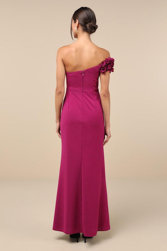 Beyond Elegant Magenta 3D Floral One-Shoulder Maxi Dress Product Image
