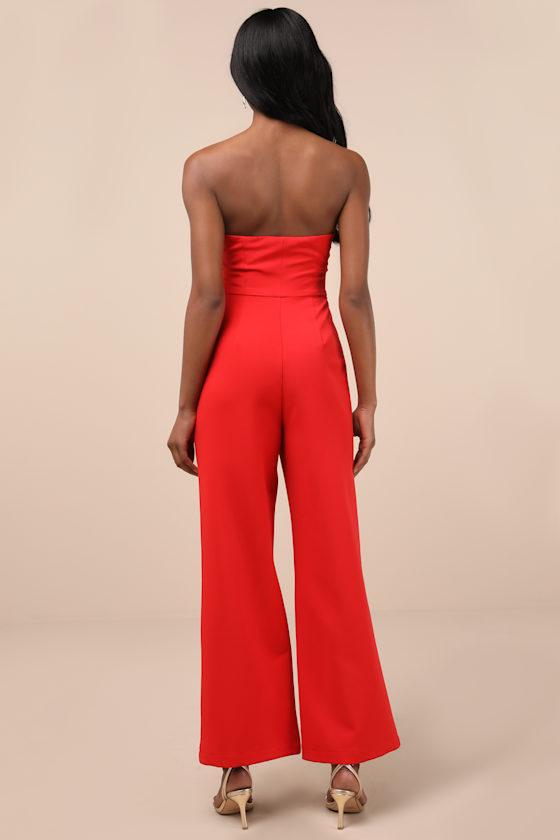 Opulent Outlook Red Bow Strapless Wide-Leg Jumpsuit Product Image