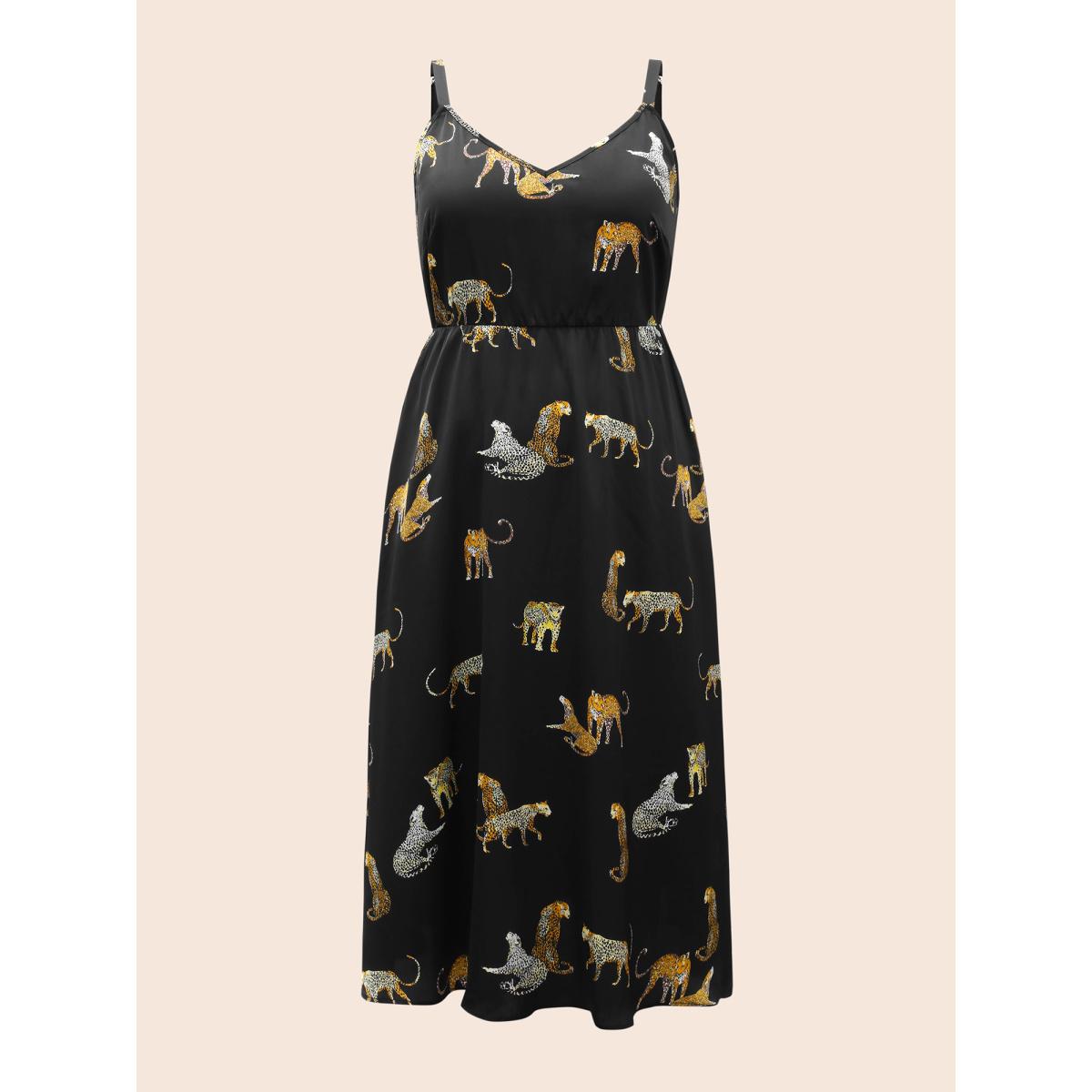 Plus Size Animal Print Elastic Waist Cami Dress Black Women Elegant Non V-neck Sleeveless Curvy BloomChic 30/6X Product Image