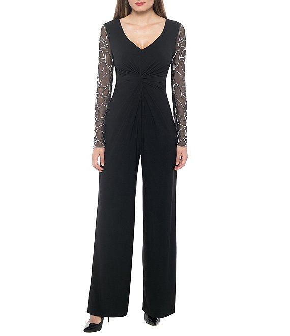 Marina Matte Jersey Sheer Beaded Long Sleeve V-Neck Knot Bodice Jumpsuit Product Image