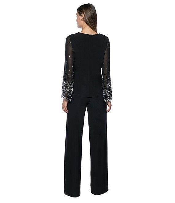 Marina Keyhole Rhinestone Neck Beaded Bell Long Sleeve Matte Jersey 2-Piece Pant Set Product Image