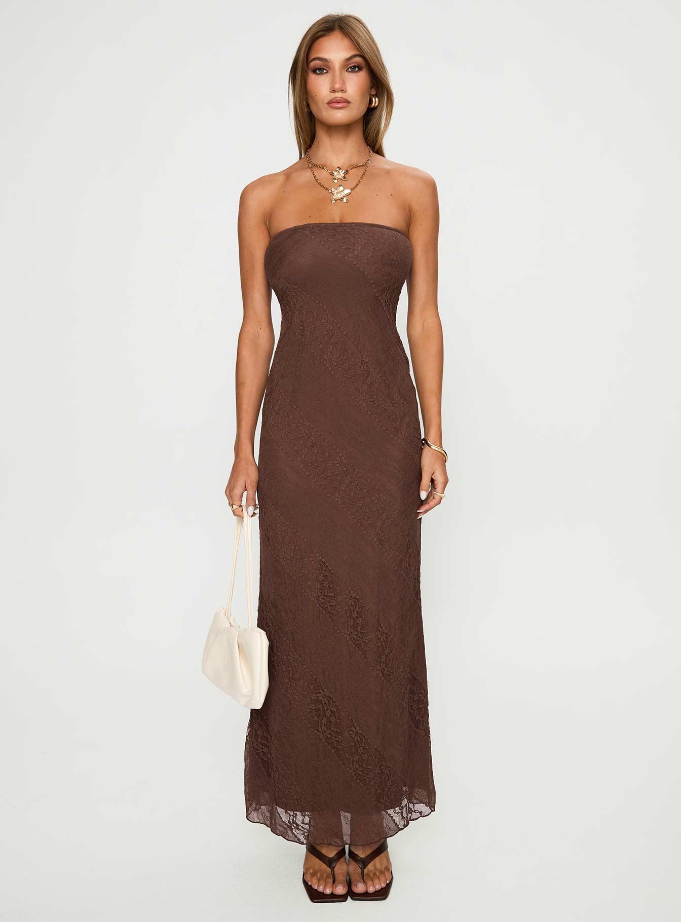 Majorca Strapless Lace Maxi Dress Chocolate Product Image