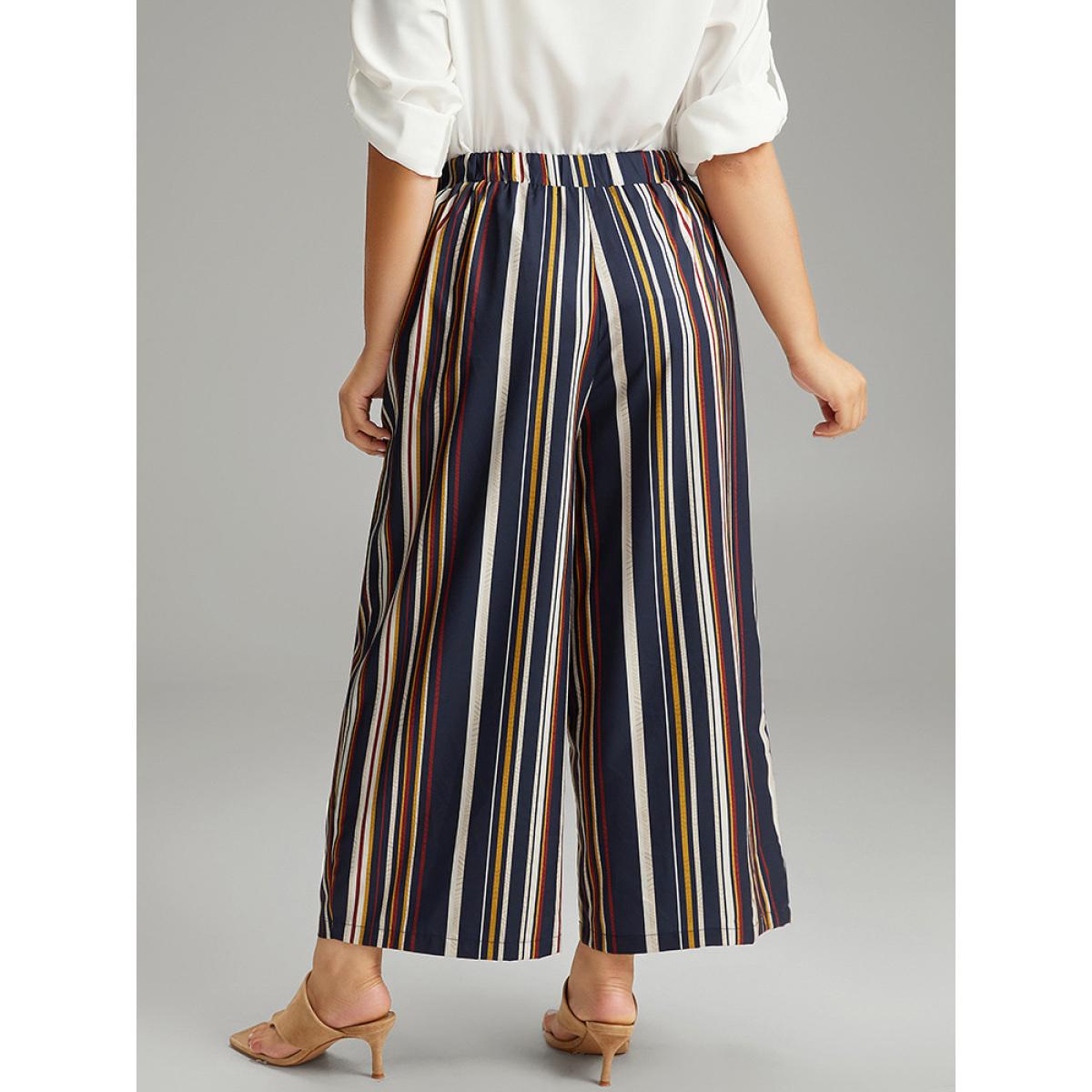 Plus Size Colour Striped Contrast Elastic Waist Wide Leg Pants Women Multicolor Casual Wide Leg High Rise Dailywear Pants BloomChic 10/M Product Image
